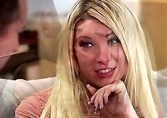 Blonde shemale in pink dress gets drilled by tattooed dude