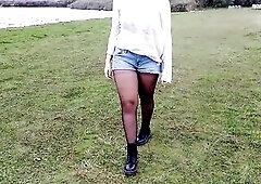 Amateur walks braless flash her bazookas and butt in public