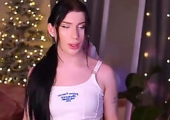 Big tit shemale jerks her long cock