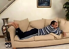Youthful cocksmoker in high heels gets her feet licked.