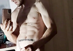 Wank off and jism in mirror glance