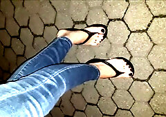 stellar crossdresser flashes off her awesome soles in platform roll flops on a night walk