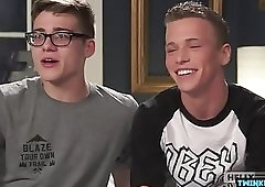 Brunette twink threesome with cumshot