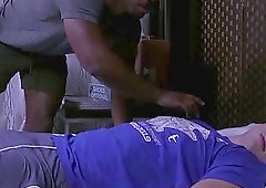 Handsome black gay feet worships and licks muscular stud