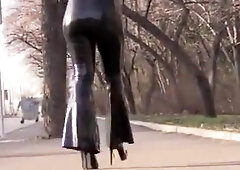 Black latex catsuit without zipper