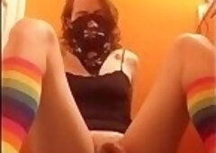 Twink crossdresser rides dildo and cums