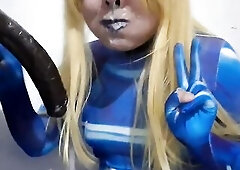 Cute Trans Samus with S&M Nosehook giving a Sloppy Oral-job to BBC Sex-toy, Deepthroat, Facial Bang and Eating Goo