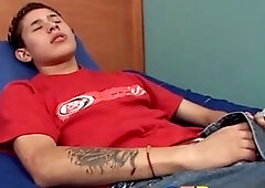 Horny little latino hunk Juan unleashes his rigid lollipop