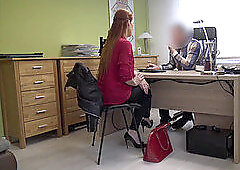 Busty red-haired customer Hypnotizes Loan manager With Her Huge Tits