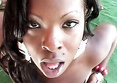 Black chick Coco Ray does blowjob, handjob & titjob & this white prick is cumming in her mouth