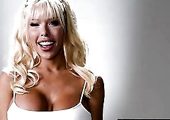 Gigantic bazookas trans golden-haired interview and masturbates by jerking herself off