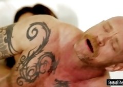 Cute shemale fucks bald guy on the couch