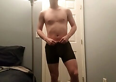 Hairy man's seductive strip tease ends with a money-shot on his toned body