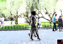 Public throating Ebony sub mouth jizzed in front of voyeurs