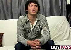 Interviewed cock guzzler plays with his big dick and cums