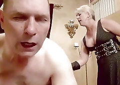 Whipping BDSM fun with tied up old man and mistress
