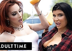 Big Titty Babes Romi Rain & T-girl Ariel Demure Have Passionate Fuck After Sexy Carwash
