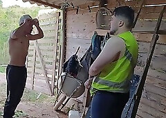 The employee finishes his task and his boss gets incredibly aroused seeing him all sweaty.