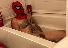 Perspiring Spider-boy Washes N Bath Disregard