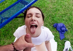 Young bitch Tess Thompson gives a great head and gets pounded outdoors