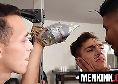 Restrained Benvi stuffing his holes with Des Irez and Apollo Fates cock