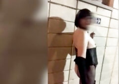 risky outdoor WC truckstop nude in chastity bottomless