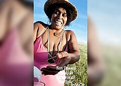 Drone shows and shocks large breasted ebony big beautiful woman who tries to relax and unwind in nature after a stressful week. Meditation, massage, a