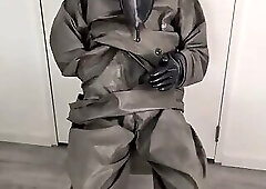 Breathplay masturbation Zodiac Zodiak heavy rubber hazmat suit with gasmask rebreathing bag,