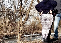 Mother-in-law in leggings gently holds my dick during pissing and sucks just great on the street