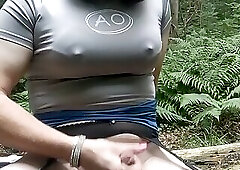 Mature tranny wanking and eating her cum outdoors