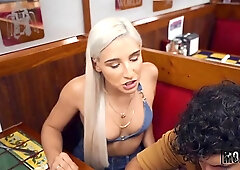 Charming blonde darling, Abella sucks dick in the toilet of a local restaurant and gets fucked