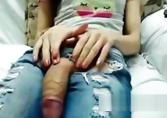 Hung latin sexy tranny jerking her tool on TScumshot