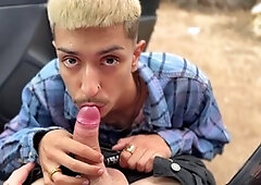 Twink Eddy Blanco takes a big load from hunk Santo Jorge while cruising