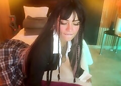 Amateur young brunette enjoys dildo on solo masturbation