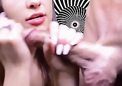 Dark haired amateur blowjob and handjob in fake taxi