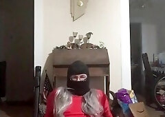 Yoga Resistance Band Wearing Red Spandex And Wig (sexual Edition)