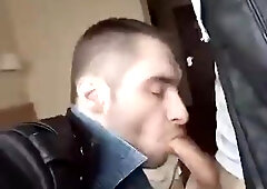 Young fellow in leather and denim blow fuck-stick by bad fellow in leather jacket
