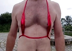 Submissive crossdresser Sklave-Franzd gets dominated in public with a huge anal toy