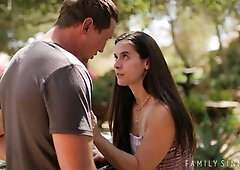 Cute-looking slender brunette Abbie Maley likes intensive outdoor sex