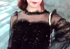 Asian Ladyboy is very horny pissing and exhibiting her cock on the street while