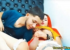 Busty red-haired ladyboy bf enjoys a steamy cock sucking session with her boyfriend