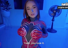 Hot SPIDERWOMAN FUCKS her fan and ride him until he CUMS! - Big tits