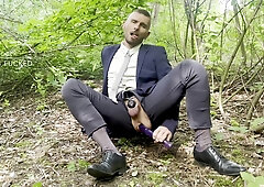 Suited Gentleman Is Spreading Legs Like Slut And Plays With His Malepussy With Locked Dick With Power Bottom