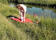 Riverside bare mother i'd like to fuck sunbathing is not shy about random fisher. Outdoors. Wild beach. Public nudity