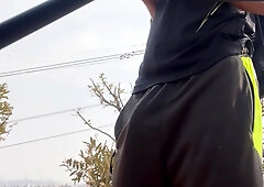 fellow with good-sized fur covered spunk-pump showcasing off on public street