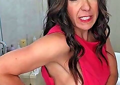 Busty curly brunette with big boobs fucks on couch