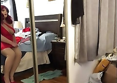 Deanna CD Doll in red short open dress, flashing her panties