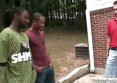 Going for a walk before nice guy sucking two big massive cocks