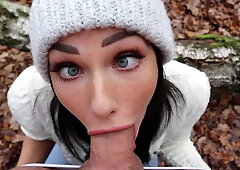 Freckled Teen Sucks & Swallows in the Woods