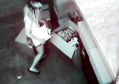 Horny babe rubs and masturbates her tight teen pussy and makes herself orgasm with a very high intensity was caught by CCTV Camera